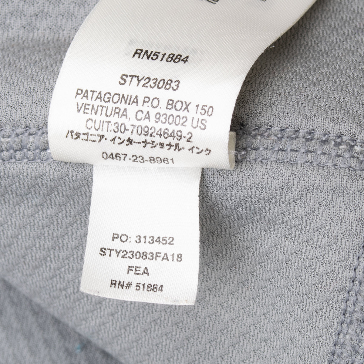 Patagonia care tags showing style 23083 and product codes