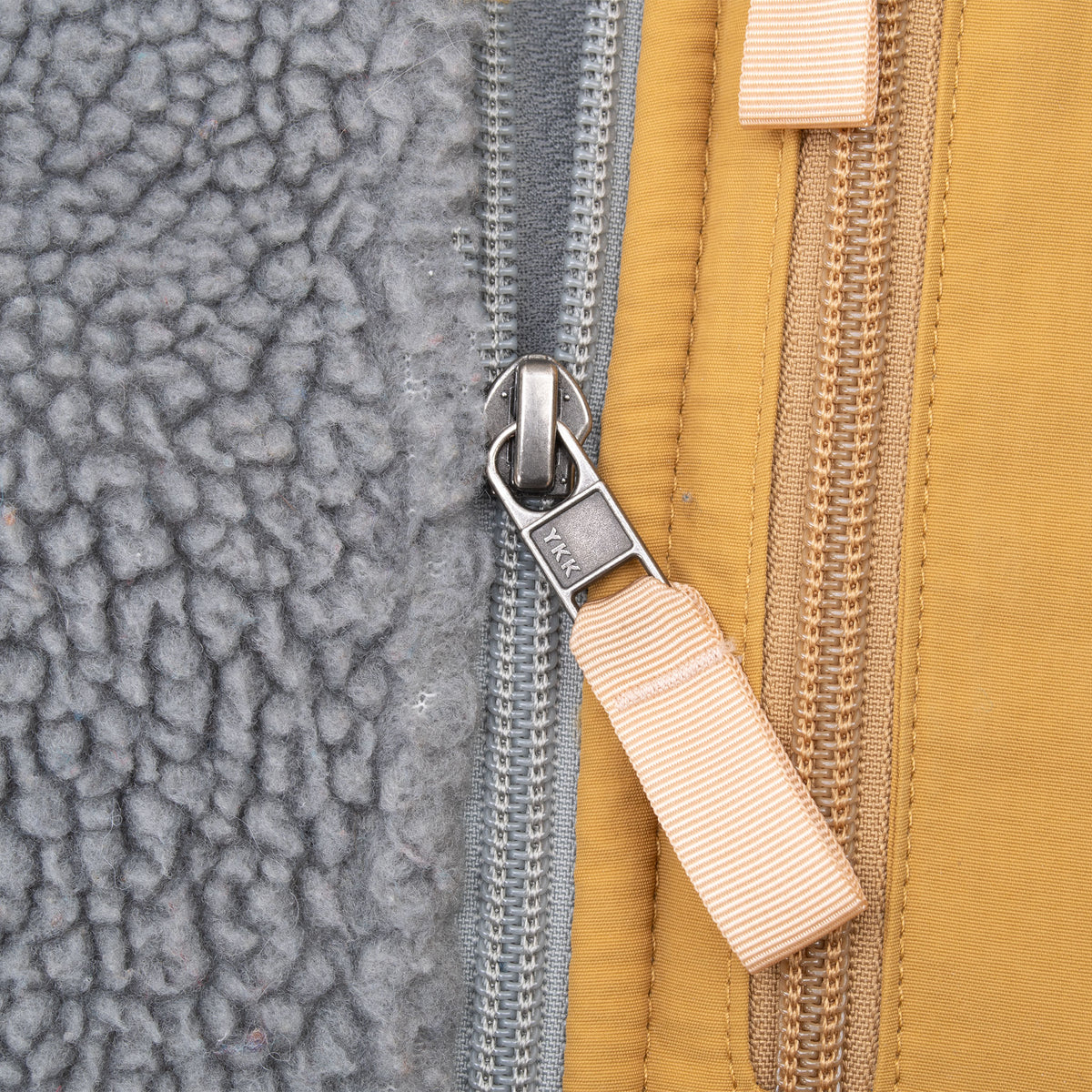 Close-up of YKK zipper pulls, grey fleece, and mustard chest pocket