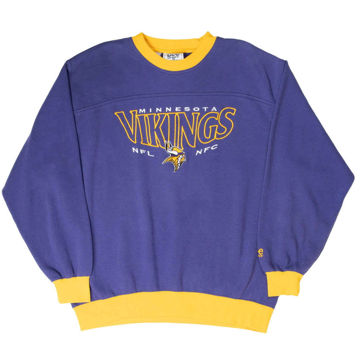 Full front view of purple Minnesota Vikings crewneck sweatshirt with gold collar, cuffs, and hem