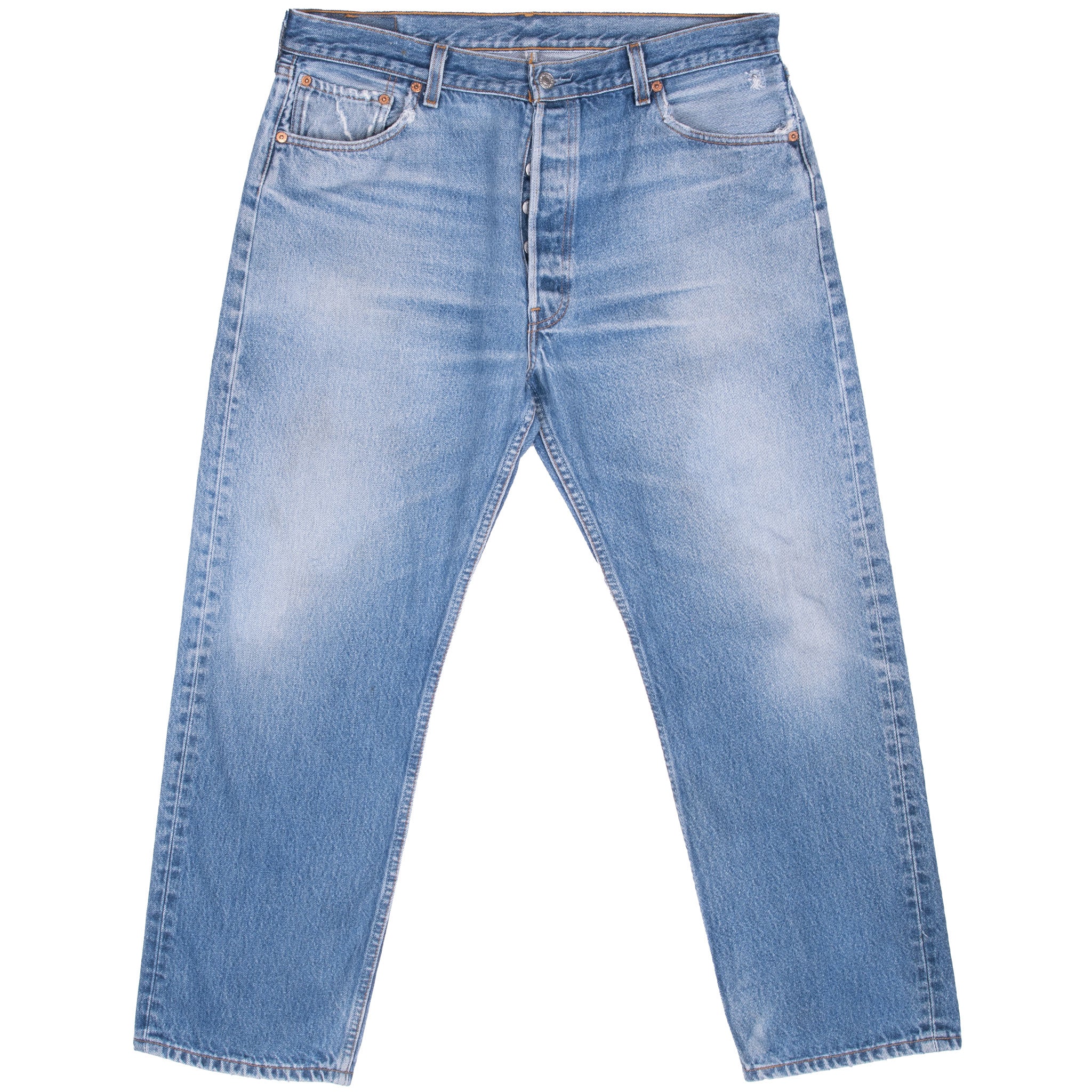 Vintage Levis 501 Indigo Jeans 1990S Size 36X28 Made In Usa With a beautiful Medium Light Wash and some beautiful whiskers
Size on Tag 38X32 Actual size 36X28
Back Button #555