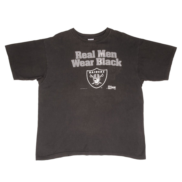 Vintage NFL Los Angeles Raiders Real Men Wear Black Tee Shirt 1990 Size XL Made In USA With Single Stitch Sleeves