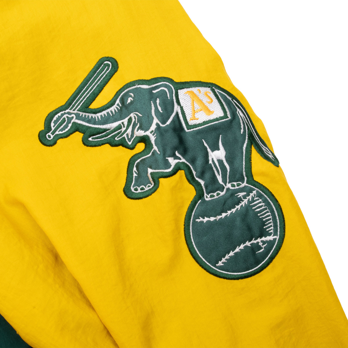 Oakland Athletics elephant and baseball patch on yellow jacket sleeve