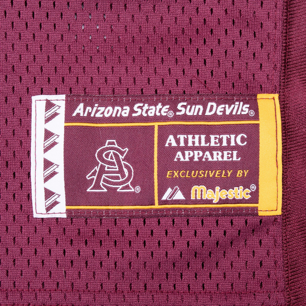Arizona State Sun Devils Athletic Apparel by Majestic hem patch on maroon mesh fabric