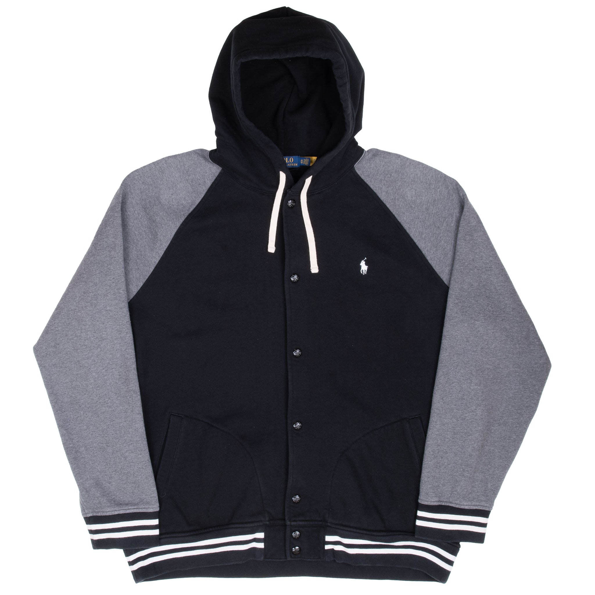 Vintage Ralph Lauren Button Up Black And Grey Hoodie Sweatshirt Size 2XL