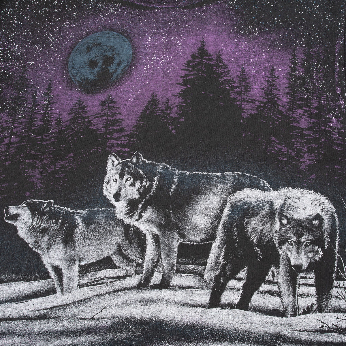 Back graphic detail of three wolves in snow beneath a blue moon and purple forest sky
