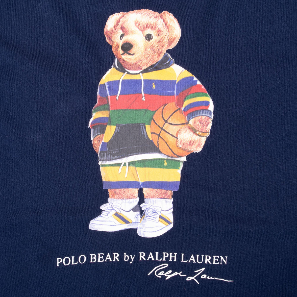 Close-up of Polo Bear basketball graphic and Ralph Lauren lettering