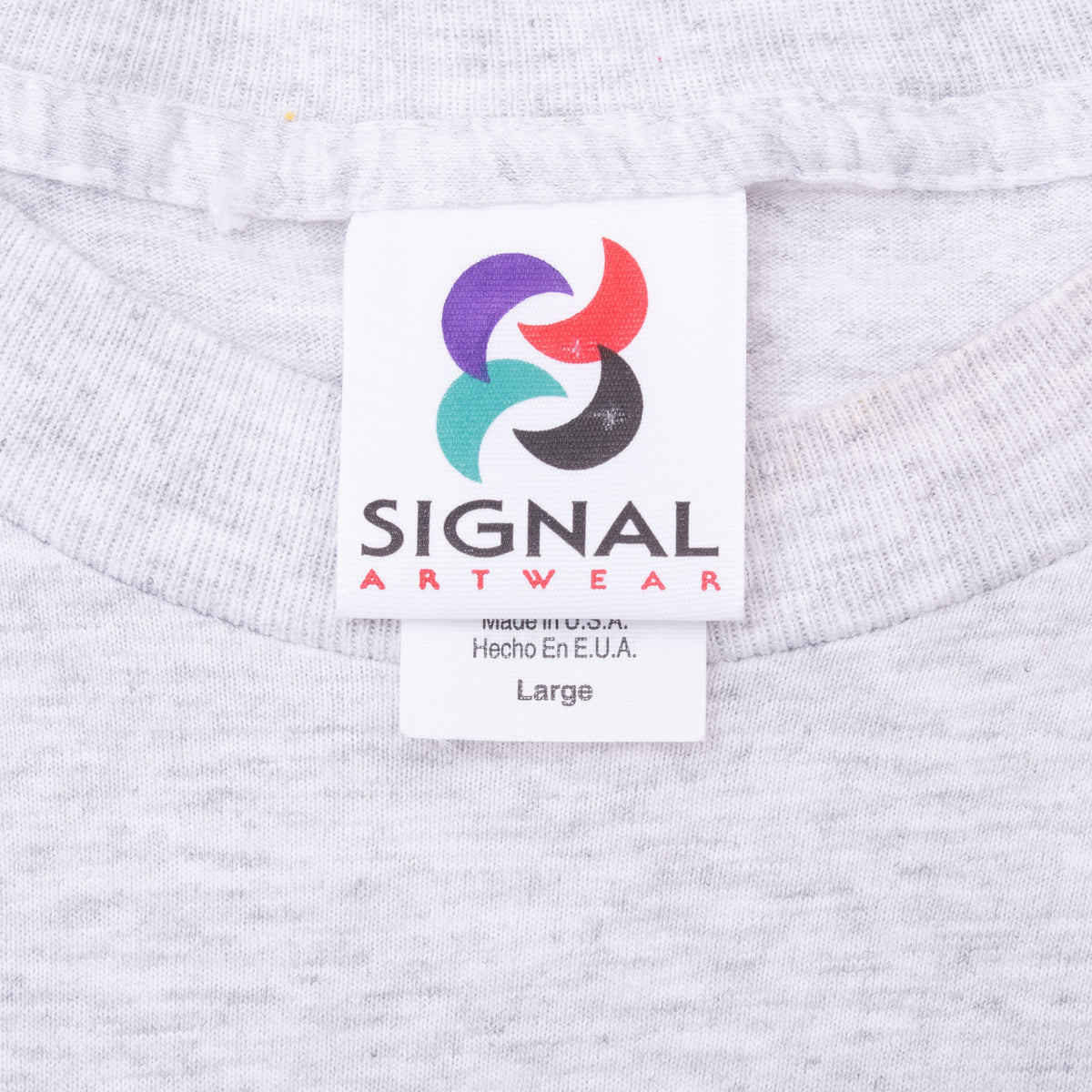 Signal Artwear neck tag marked Made in USA and Large on gray tee