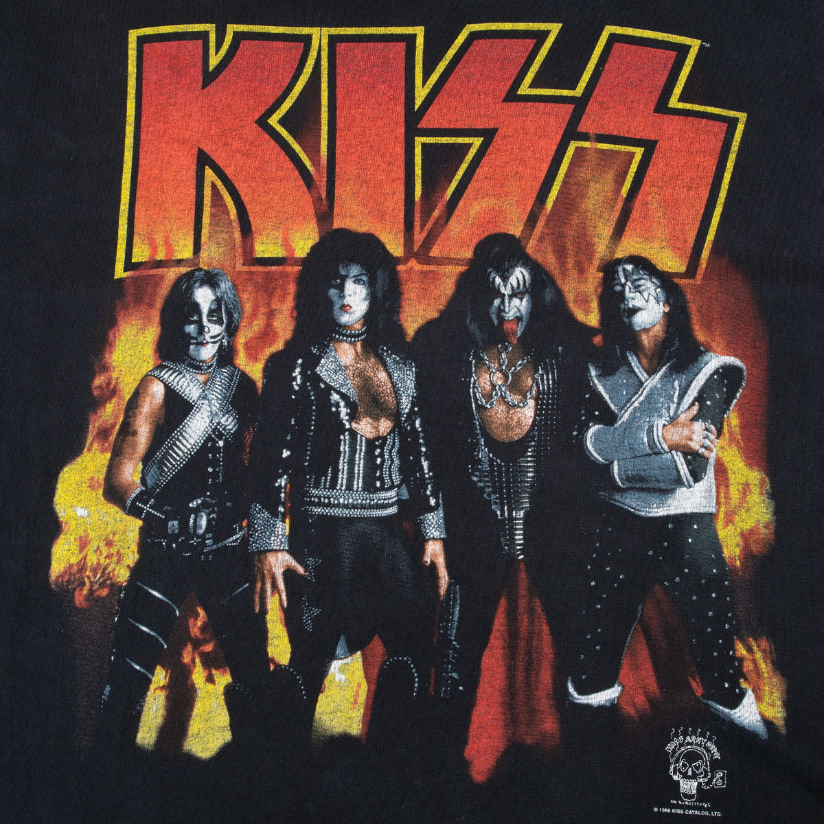 Close-up of KISS band portrait beneath the large red and yellow logo