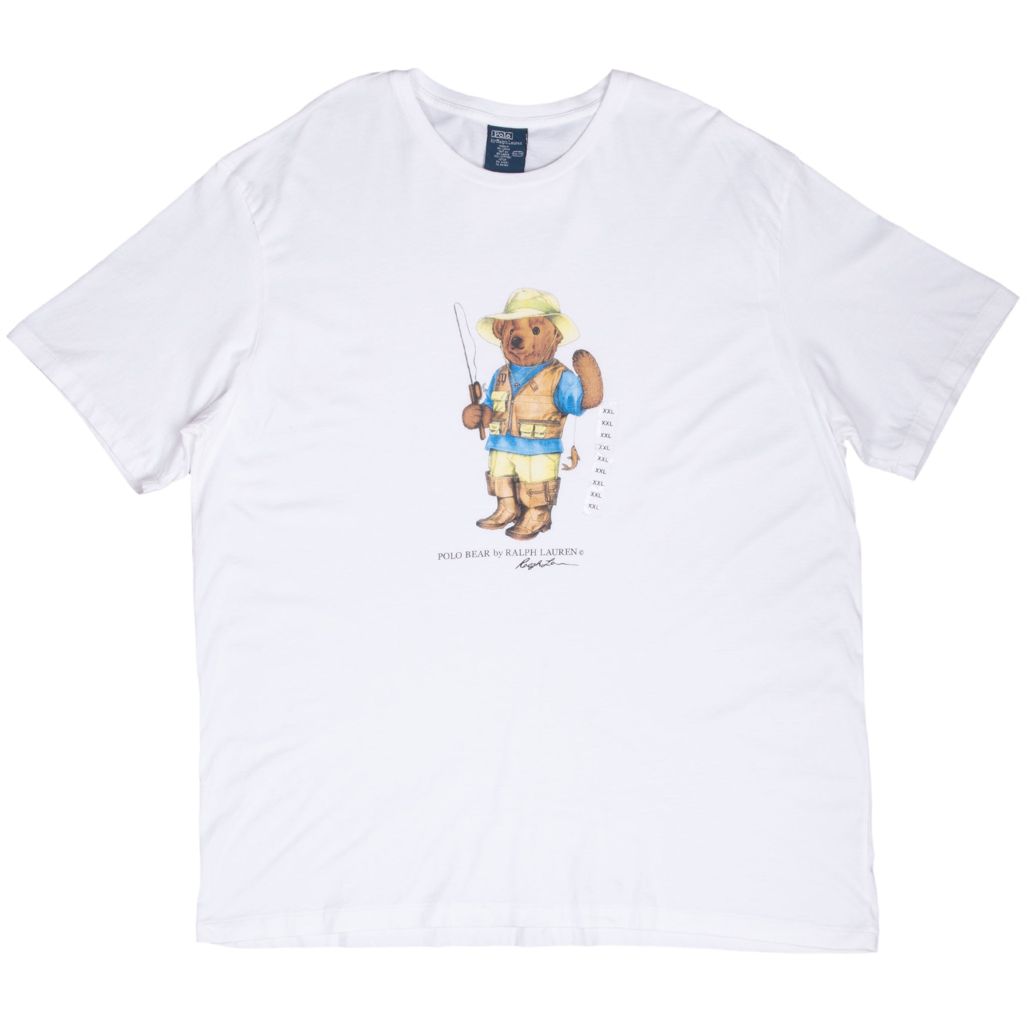 Vintage Ralph Lauren Polo Bear Fisherman White Tee Shirt 1990S Size 2XL With Single Stitch Sleeves Deadstock