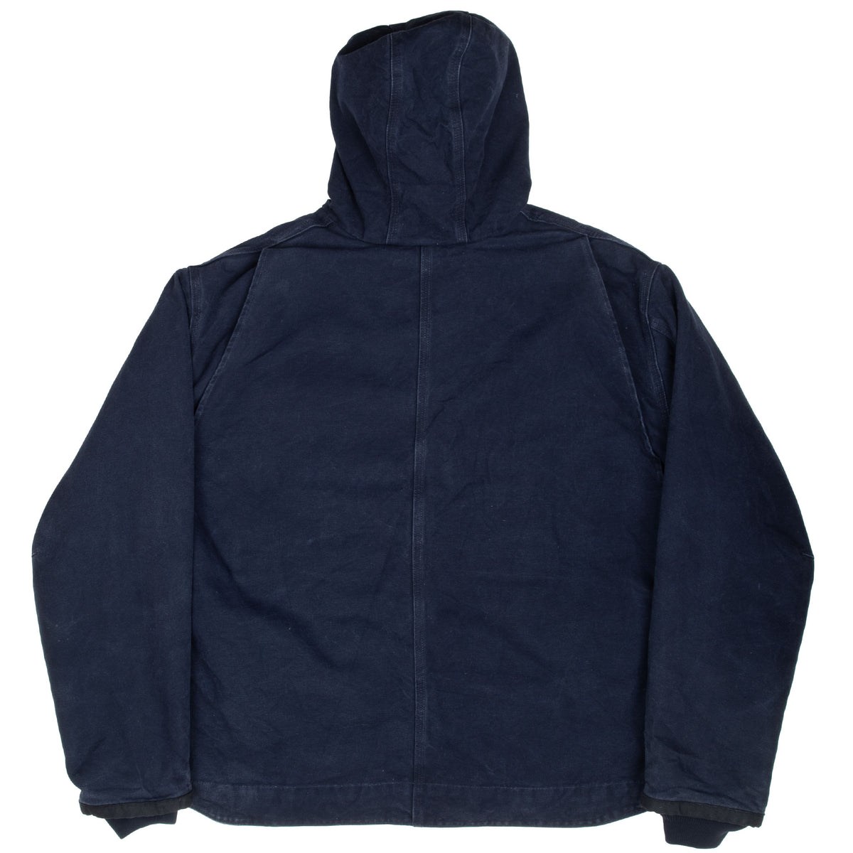 Back of navy blue Carhartt hooded jacket