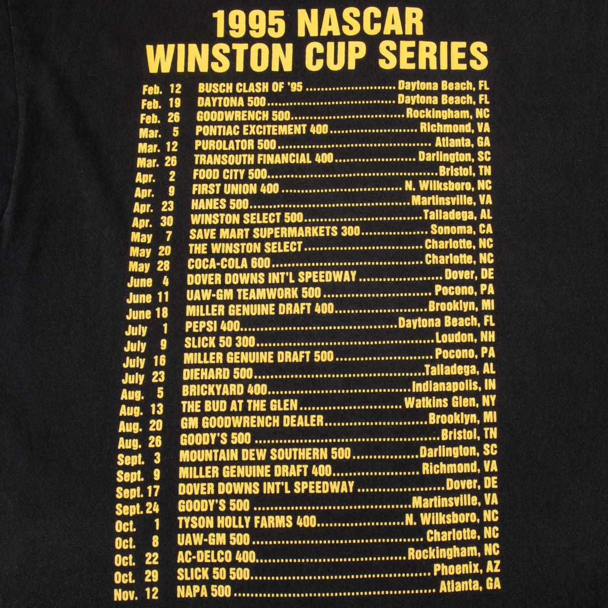 Close-up of yellow 1995 NASCAR Winston Cup Series race schedule print