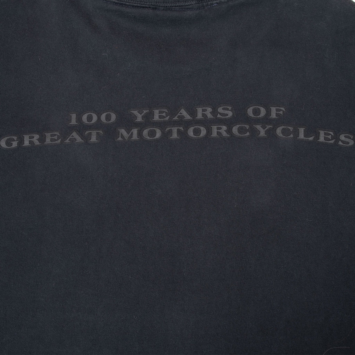 Close-up of tonal back print reading 100 Years of Great Motorcycles
