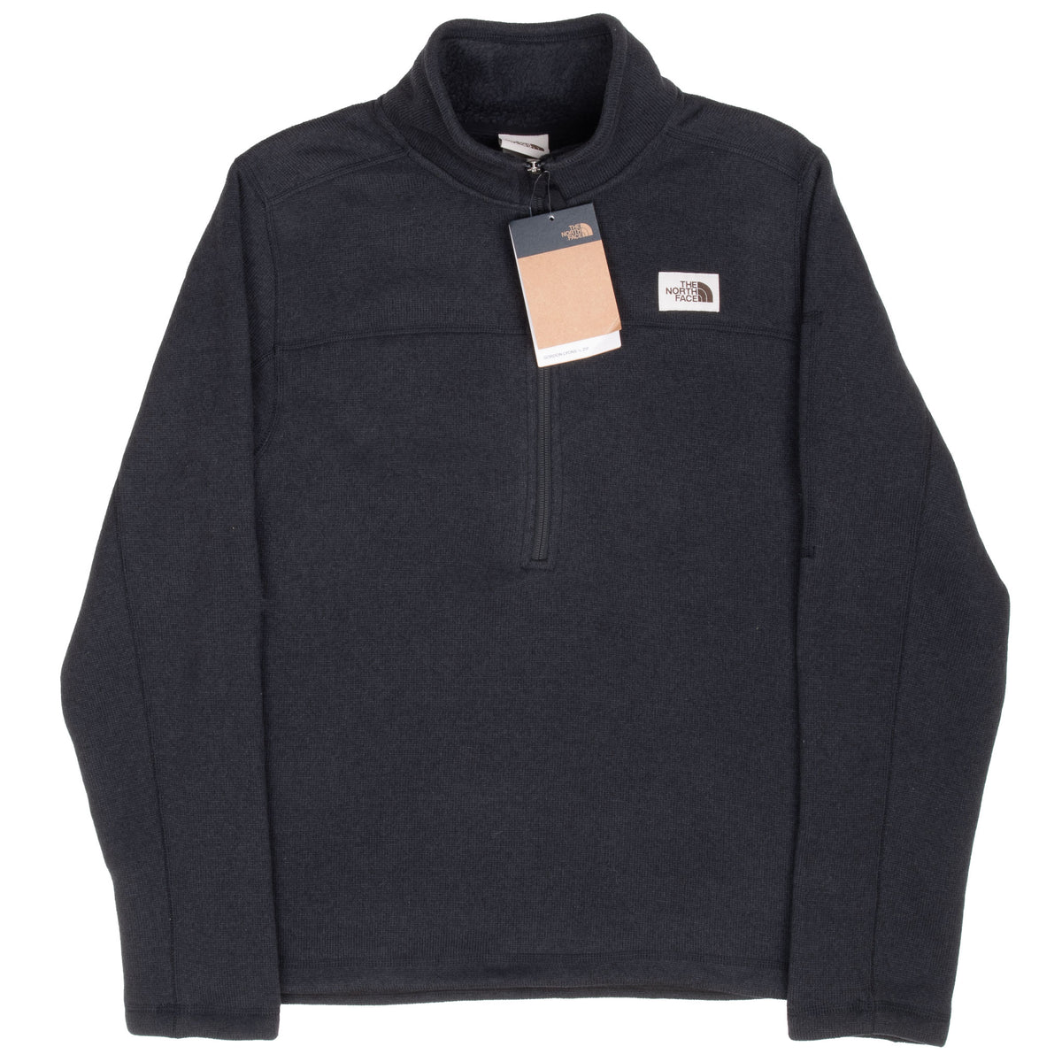 Full front view of The North Face black Gordon Lyons quarter-zip jacket with hangtag