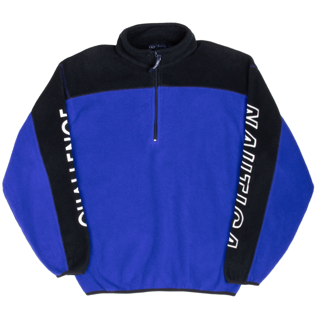 Full front view of blue and black Nautica Challenge quarter-zip fleece jacket