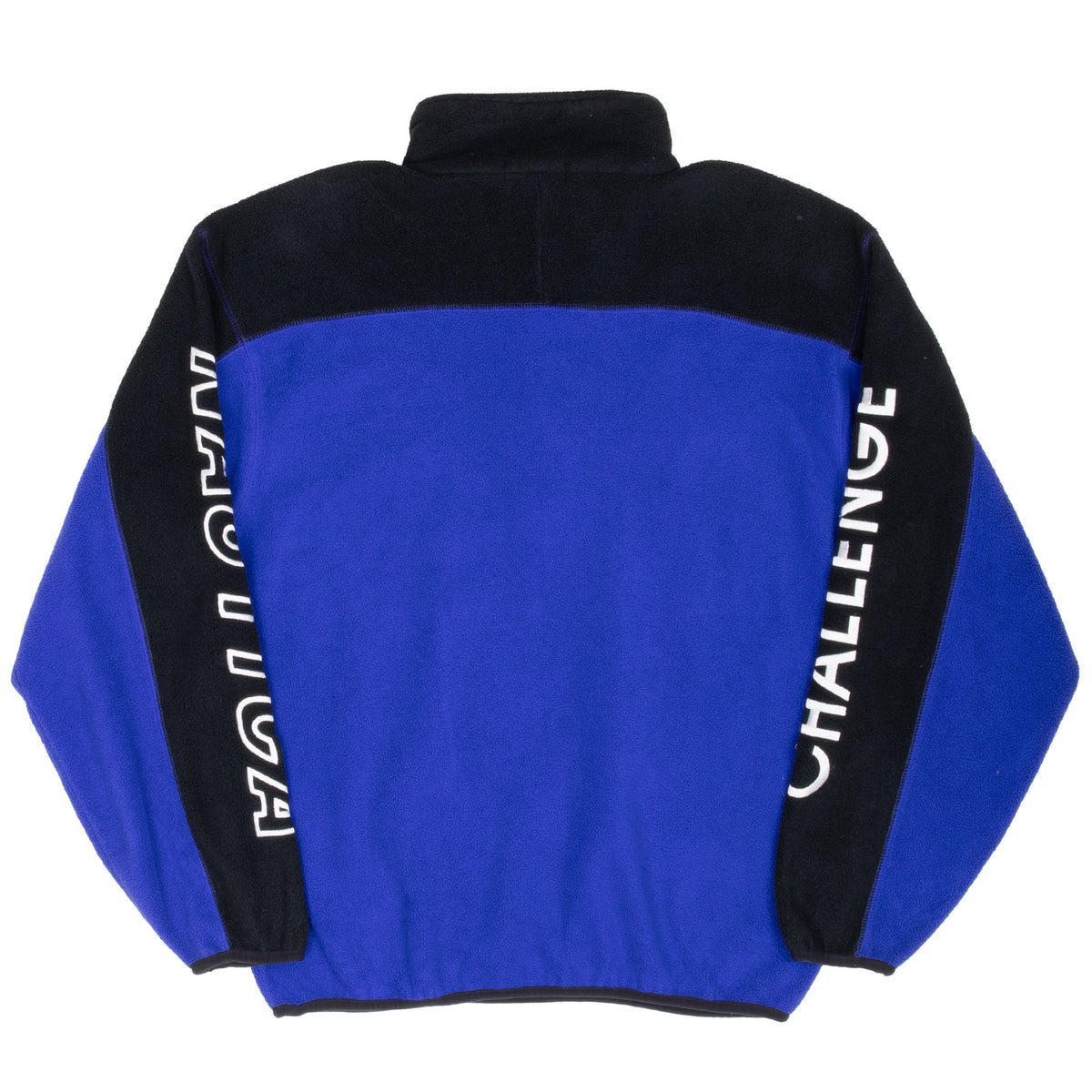 Back view of blue and black Nautica Challenge fleece with lettering along both sleeves