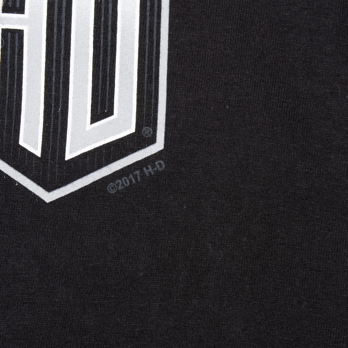Close-up of 2017 copyright mark beside the white H-D chest print