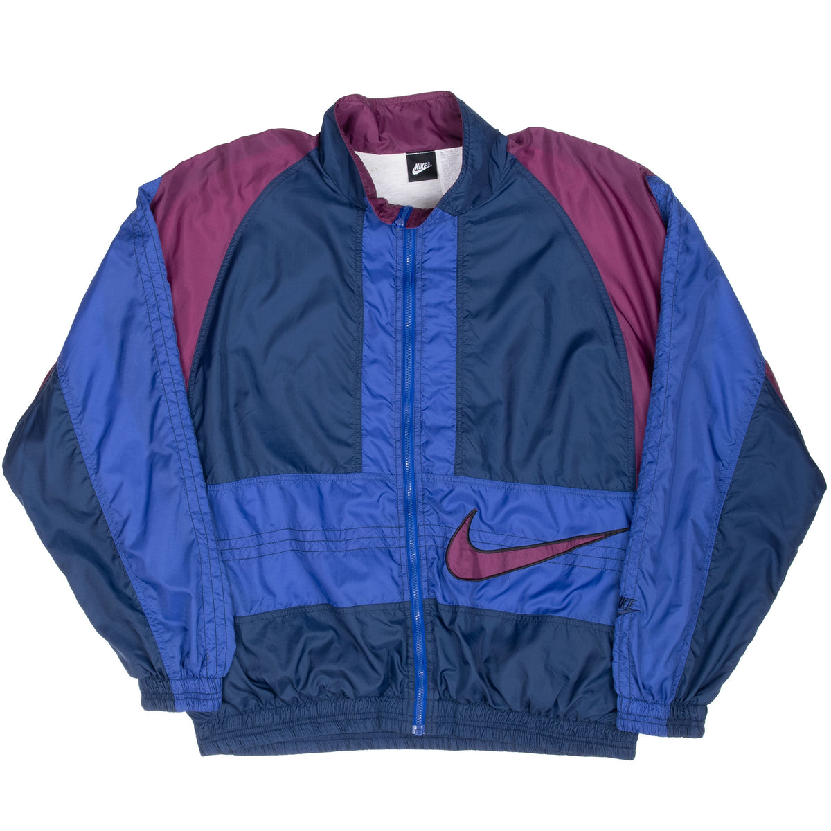 Full front of Nike blue and purple color-block windbreaker with large Swoosh