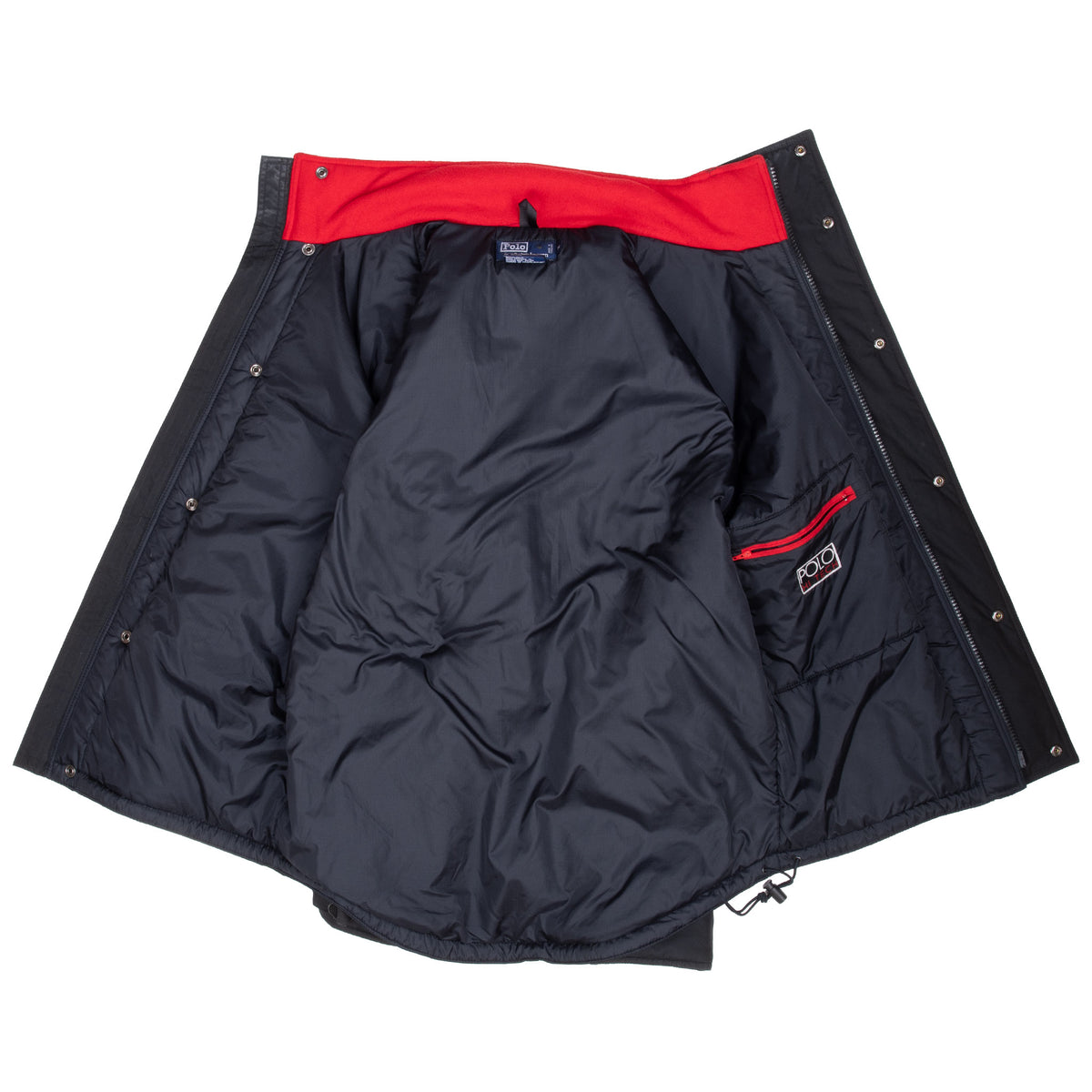 Open Polo Ralph Lauren Hi Tech ski jacket showing black lining, red collar, and interior pocket
