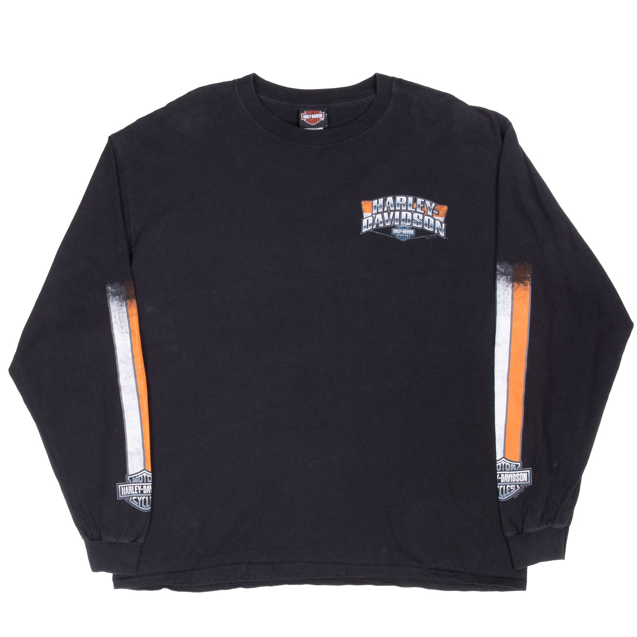 Full front view of black Harley-Davidson long-sleeve T-shirt with chest and sleeve graphics