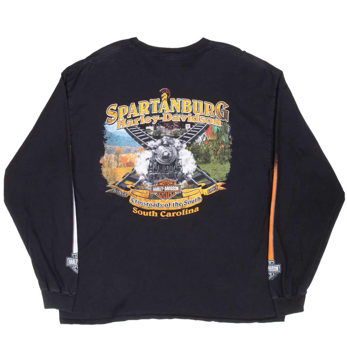 Back of black Harley-Davidson shirt with Spartanburg, South Carolina train graphic