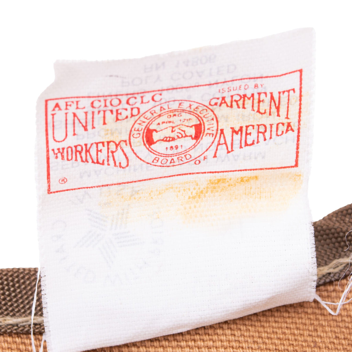 Close-up of AFL-CIO United Garment Workers of America union label