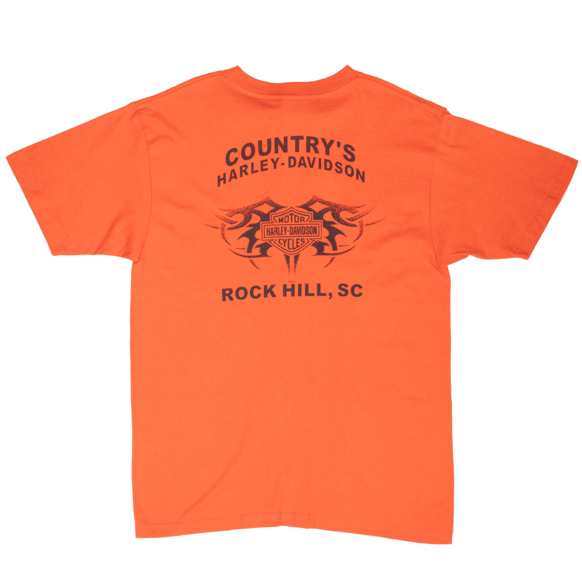 Back of orange Country's Harley-Davidson T-shirt with Rock Hill, SC graphic