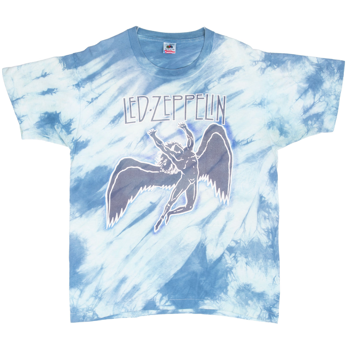 Full front of blue tie-dye Led Zeppelin T-shirt with winged figure graphic