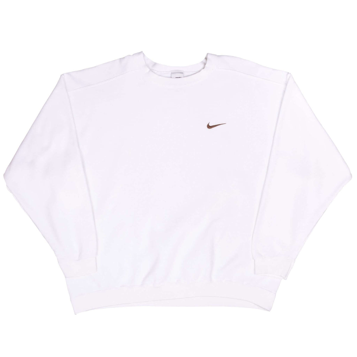 Full front view of white Nike crewneck sweatshirt with brown Swoosh