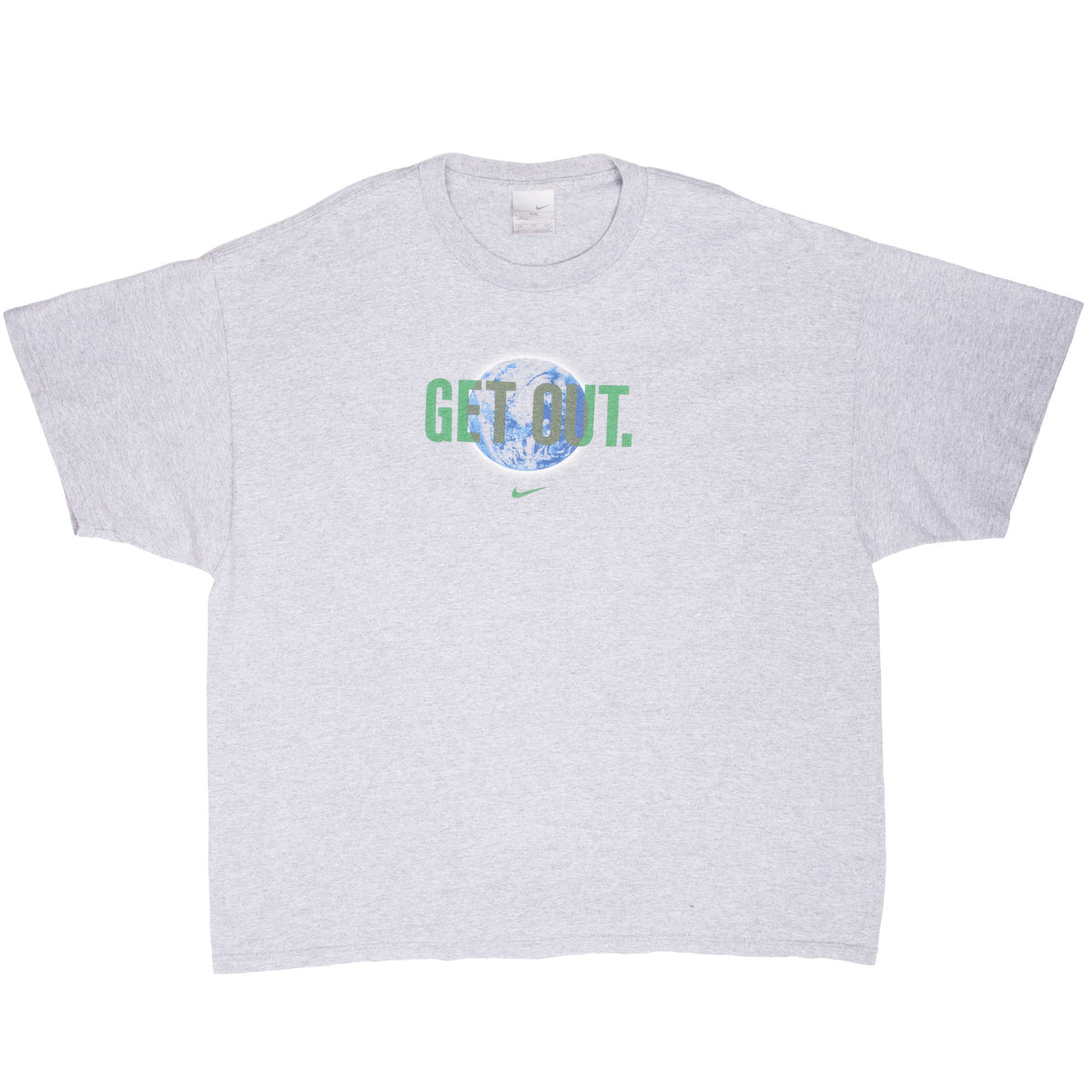 Full front view of grey Nike crewneck T-shirt with centered “GET OUT.” Earth graphic