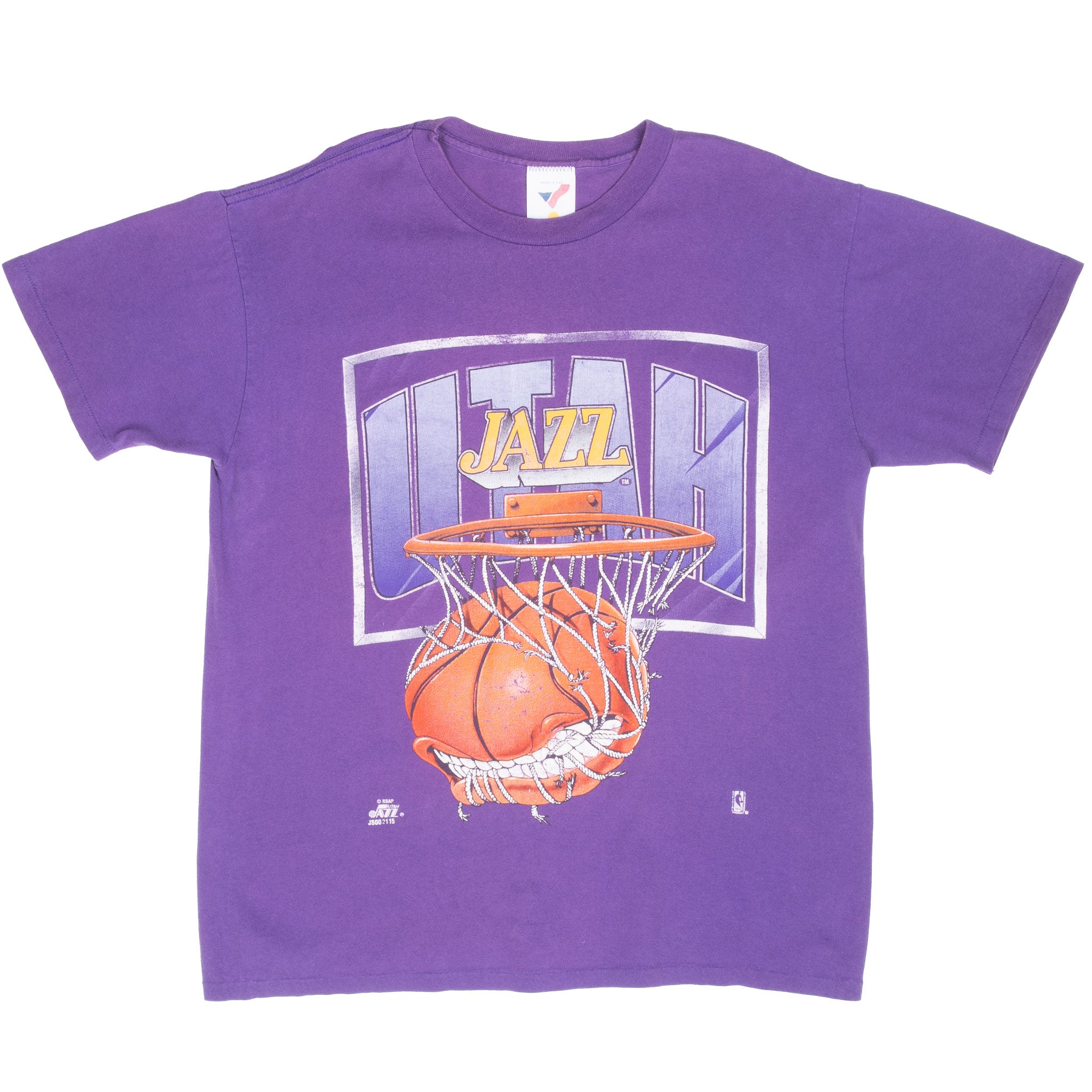 Front of purple Utah Jazz T-shirt with basketball and hoop graphic