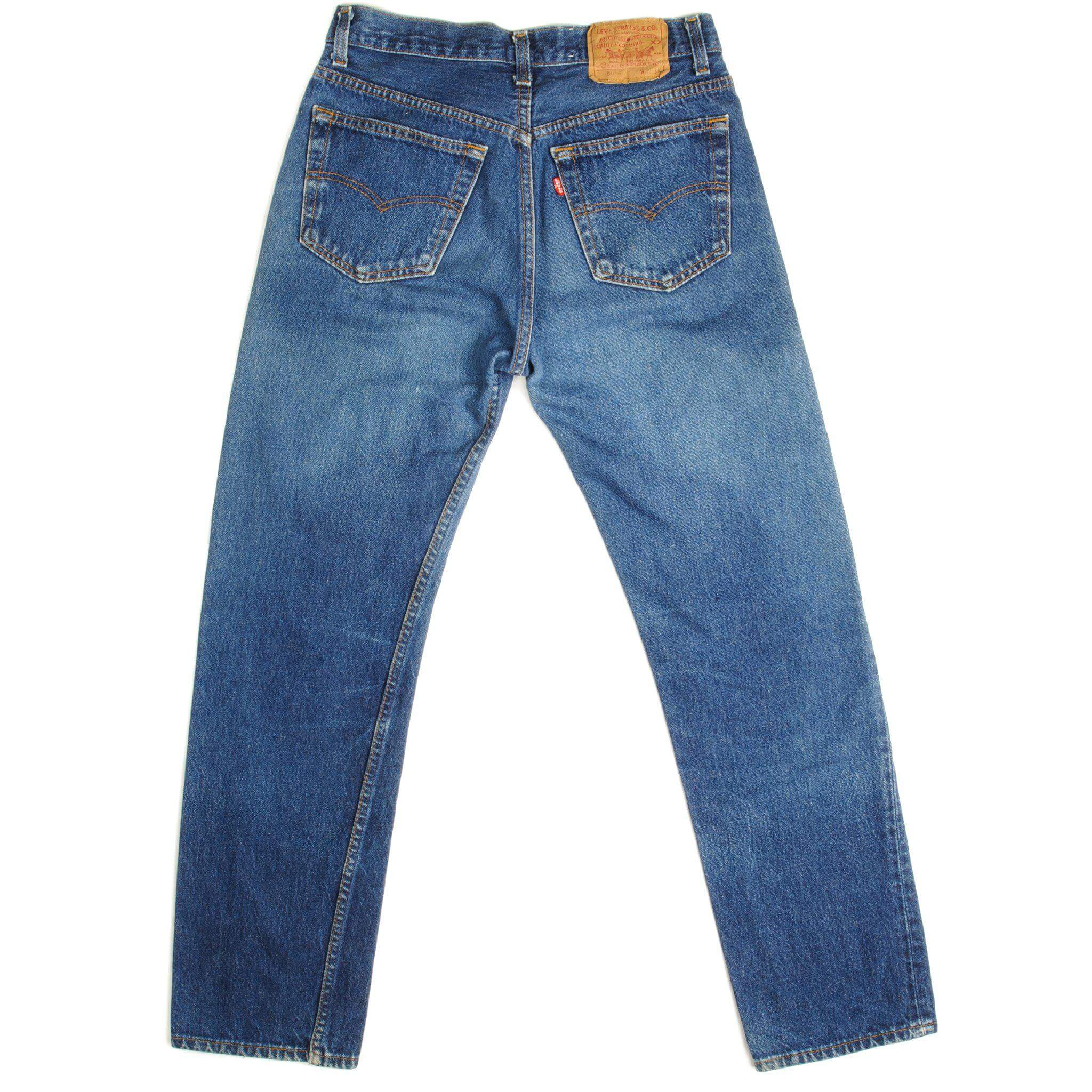 Beautiful Indigo Levis 501 Jeans 1988-1993 Made in USA with a medium blue wash and a nice contrast of light and medium blue. Size 29x29 Back Button #522