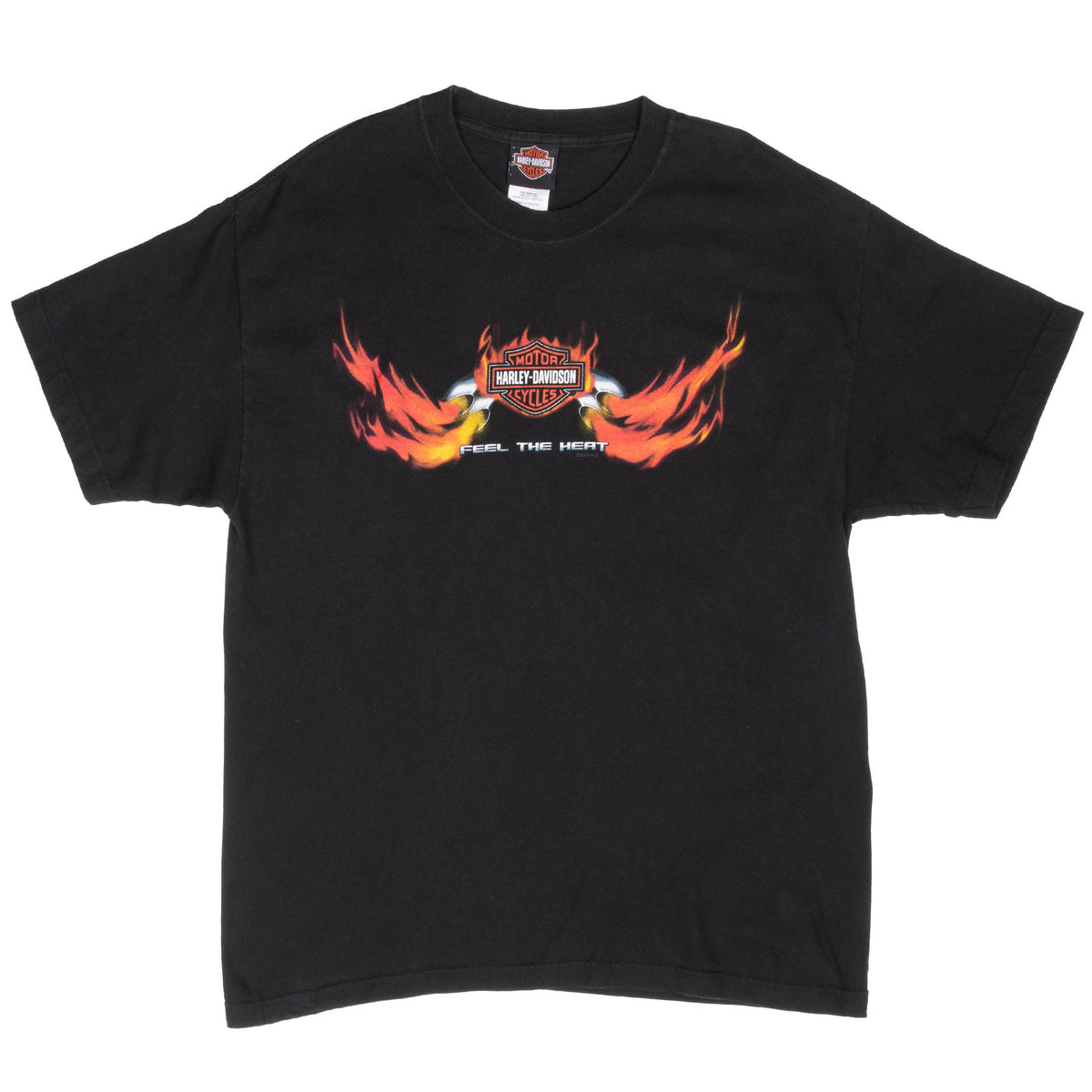 Full front view of black Harley-Davidson T-shirt with flaming bar-and-shield graphic