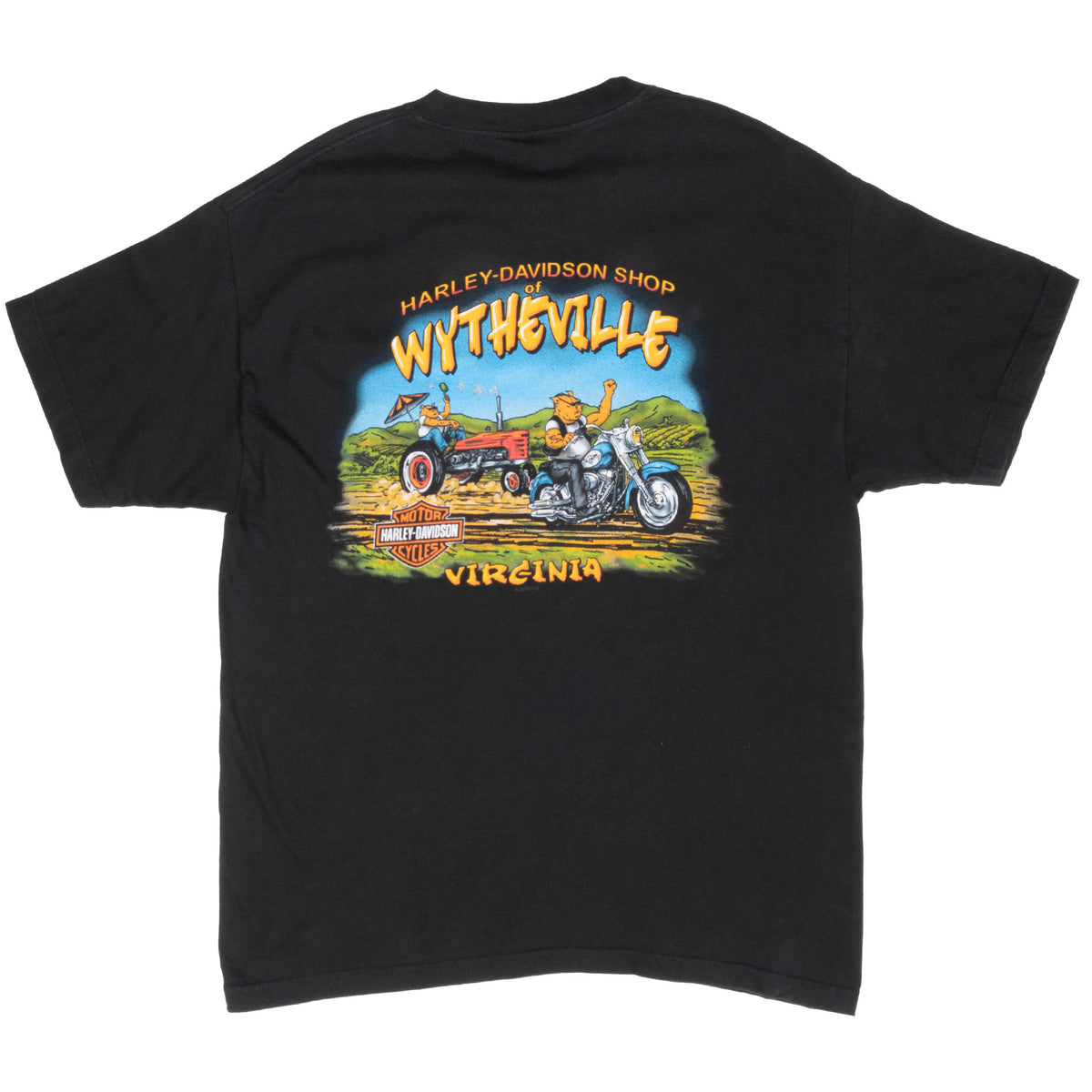 Back of black Harley-Davidson T-shirt with motorcycle and tractor graphic for Wytheville, Virginia