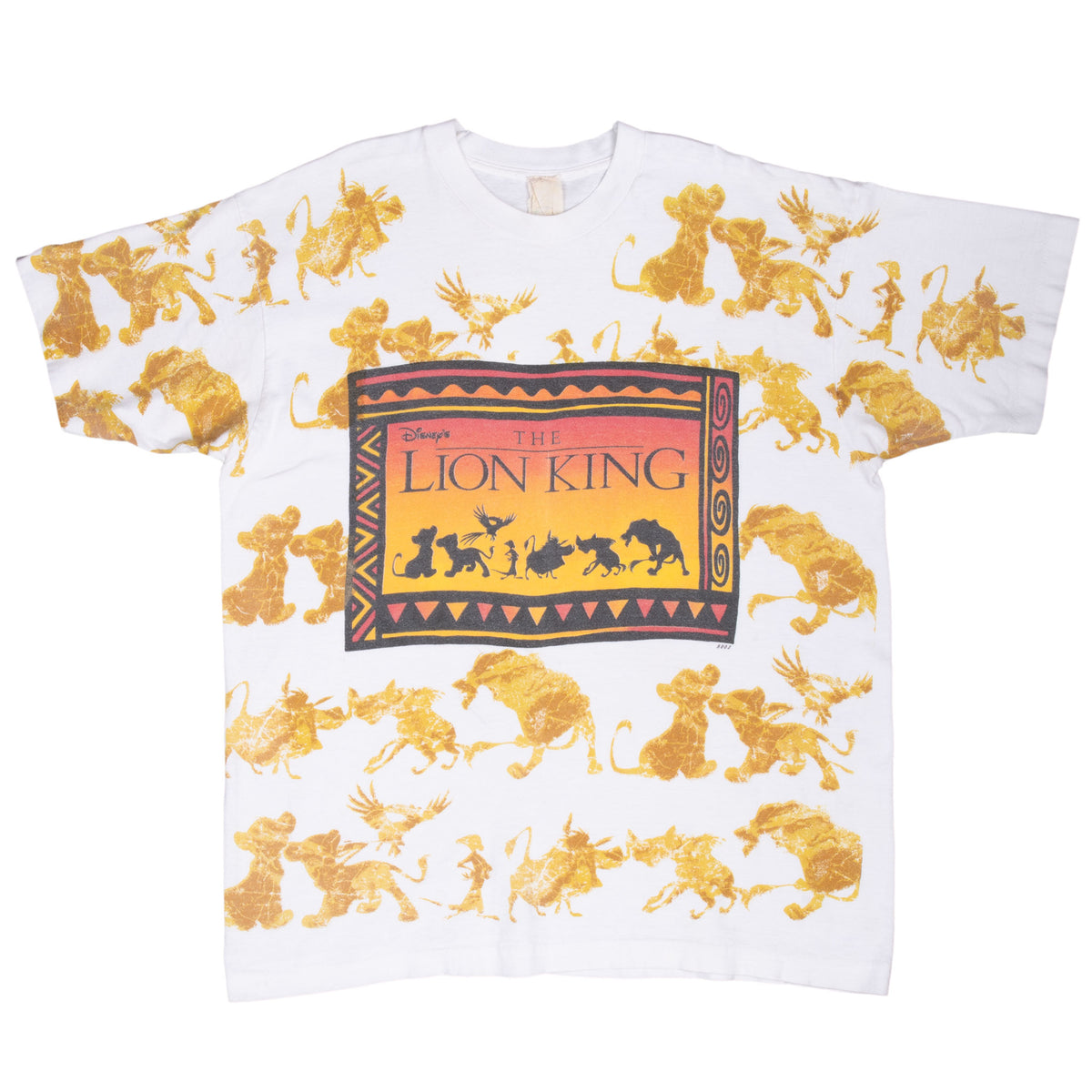 Full front of white Disney The Lion King T-shirt with gold all-over character print