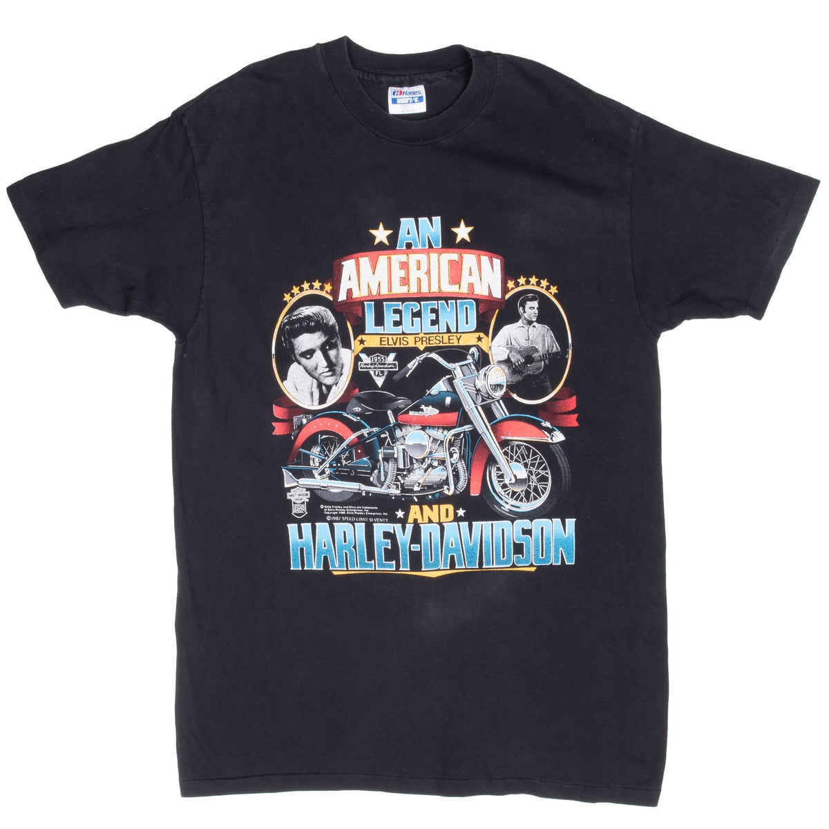 Full front view of black Harley-Davidson Elvis Presley graphic T-shirt