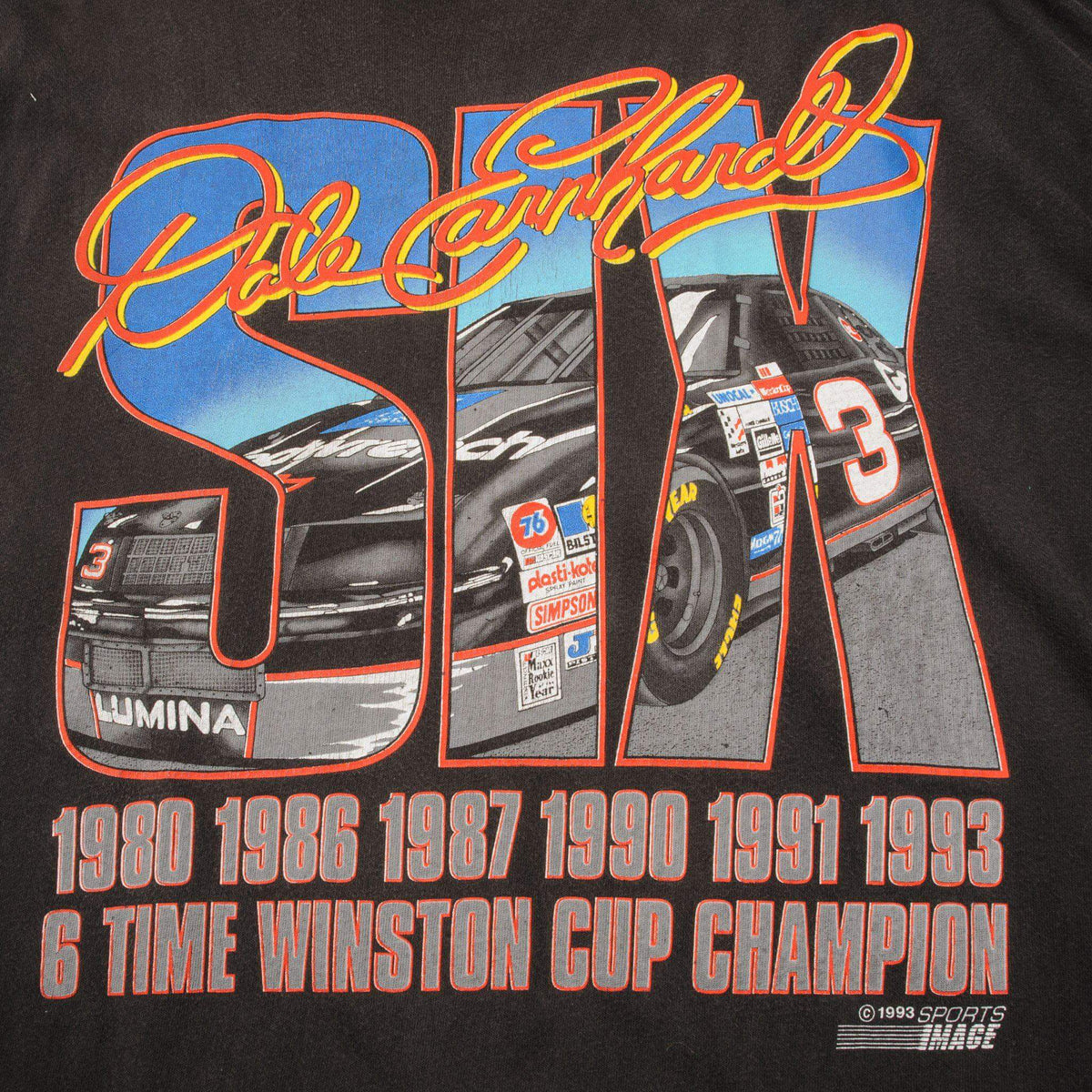 Close-up of Dale Earnhardt No. 3 car and six-time Winston Cup Champion front graphic
