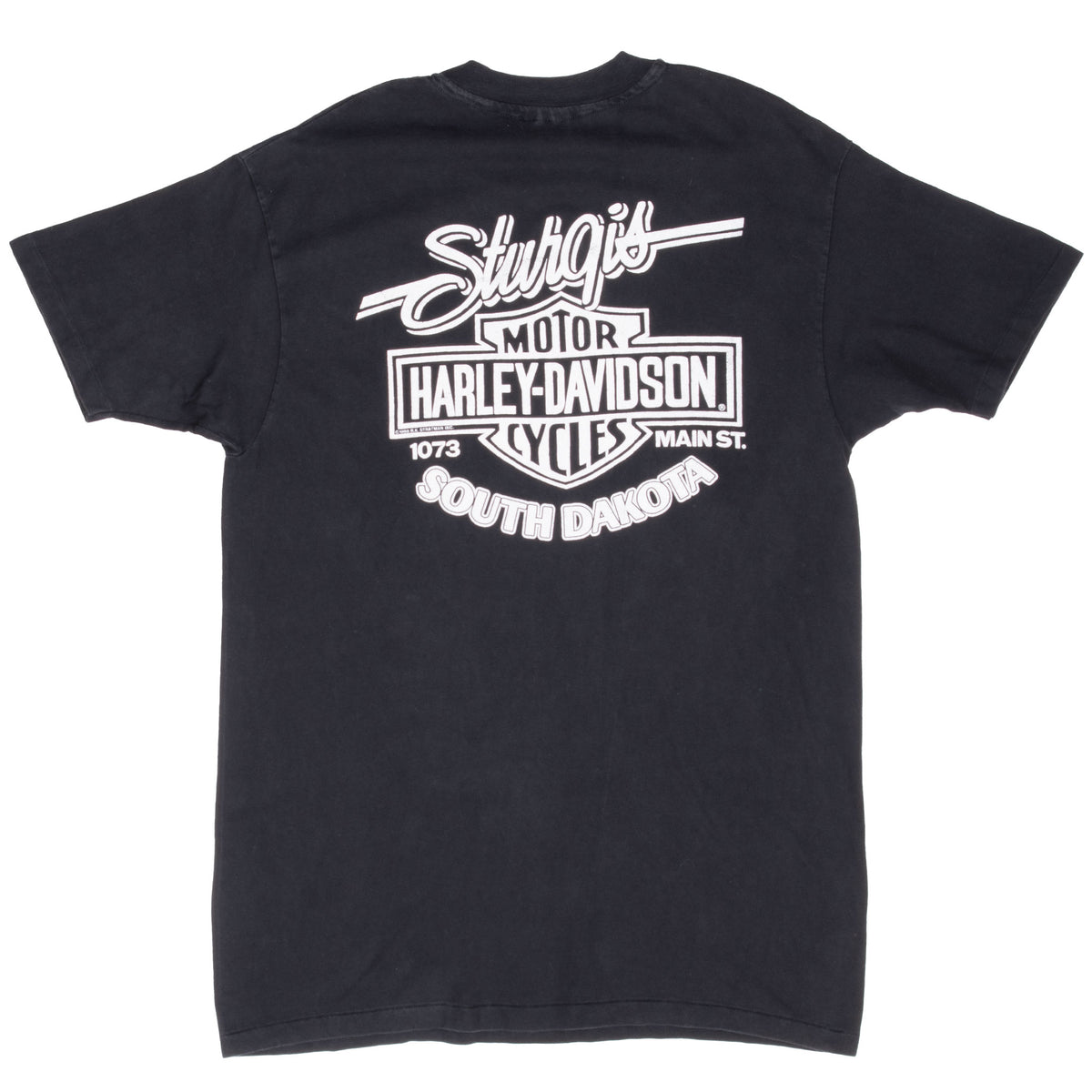 Back of black T-shirt with Sturgis Motor Harley-Davidson Cycles South Dakota print