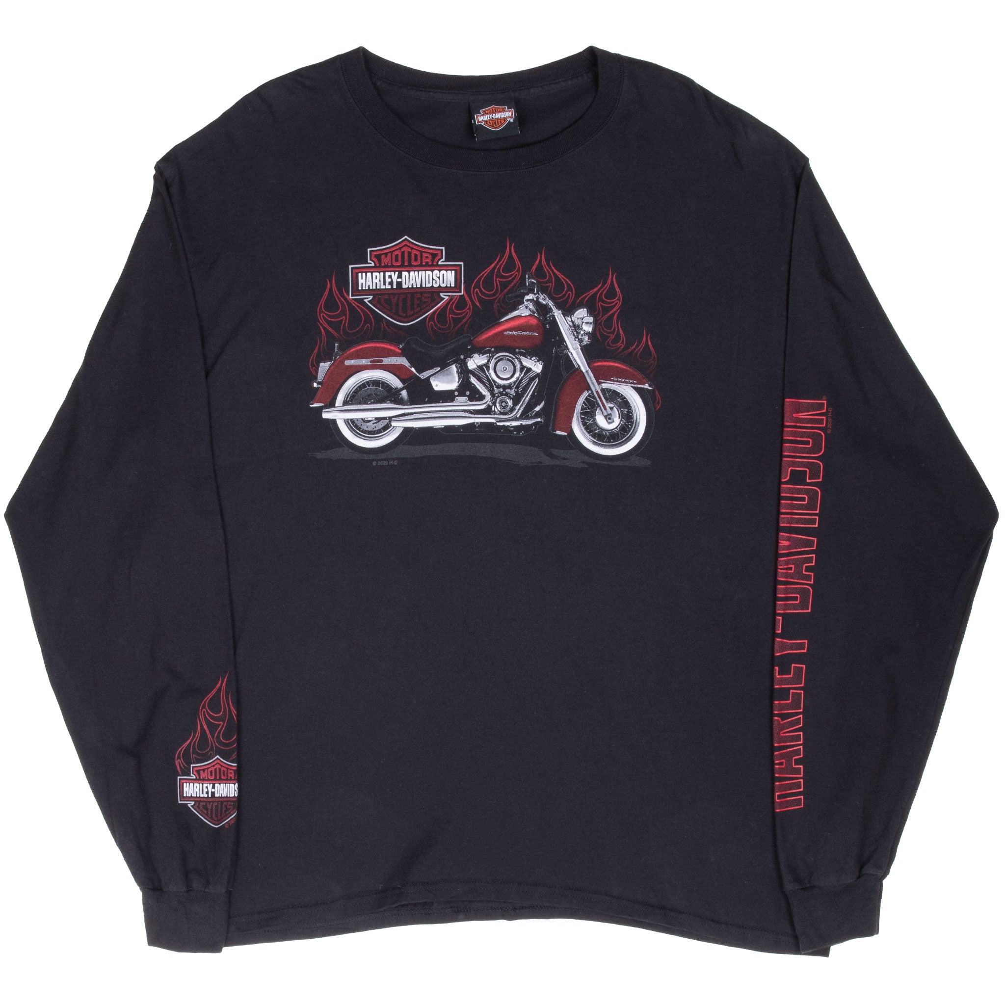 Full front view of black Harley-Davidson tee with motorcycle graphic and red sleeve lettering