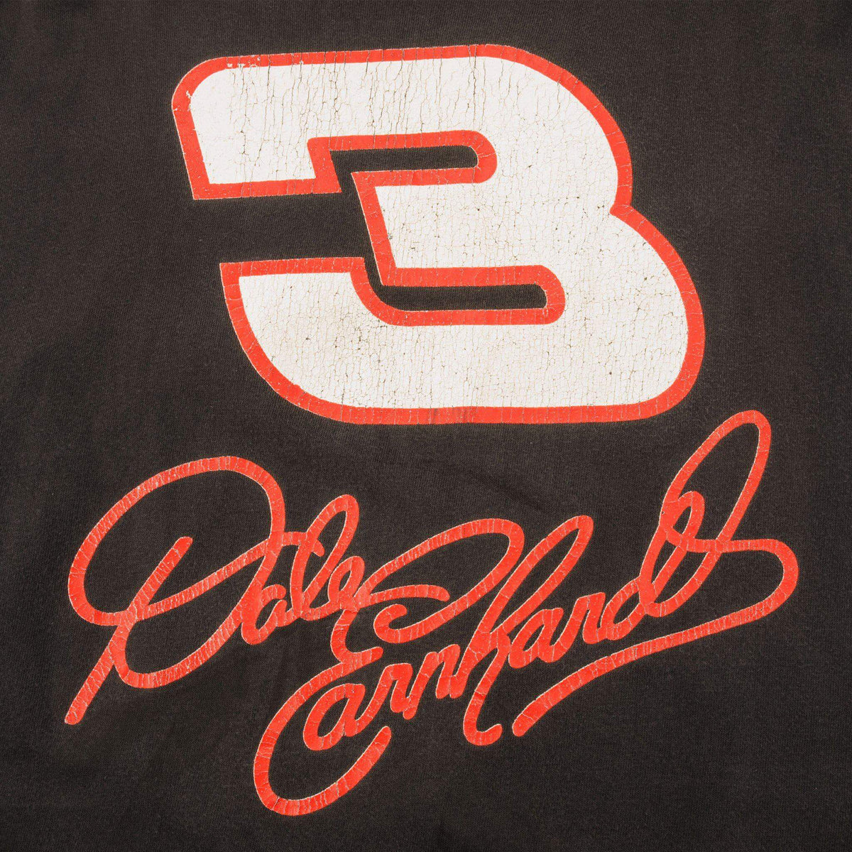 Close-up of white No. 3 and red Dale Earnhardt signature print on shirt back