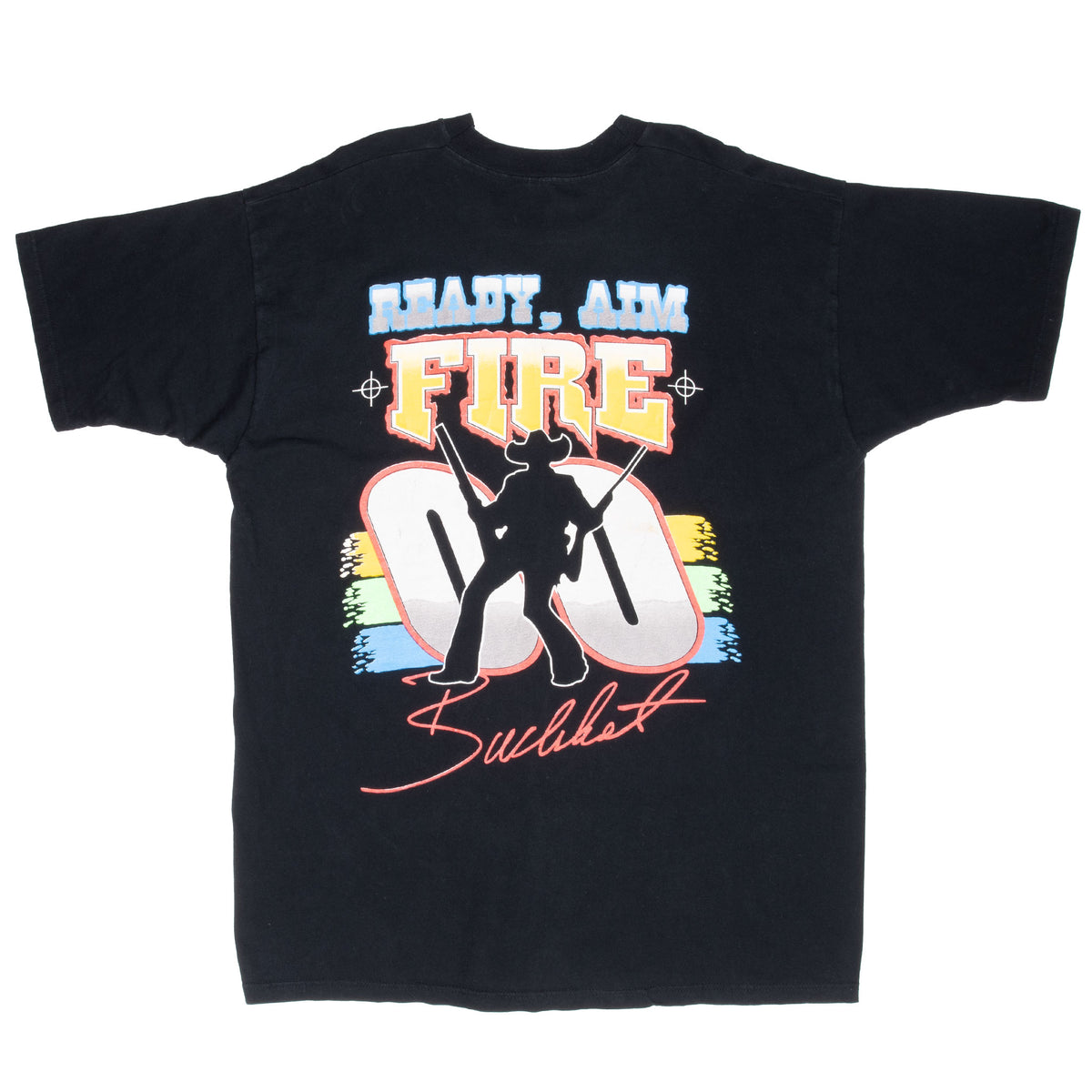 Back of black Buckshot Jones T-shirt with Ready, Aim, Fire No. 00 graphic