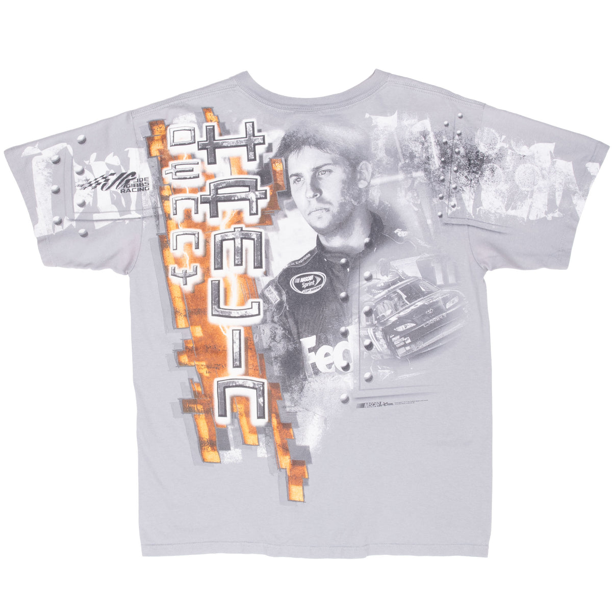 Back of gray Denny Hamlin NASCAR T-shirt with driver portrait, race car, and vertical lettering