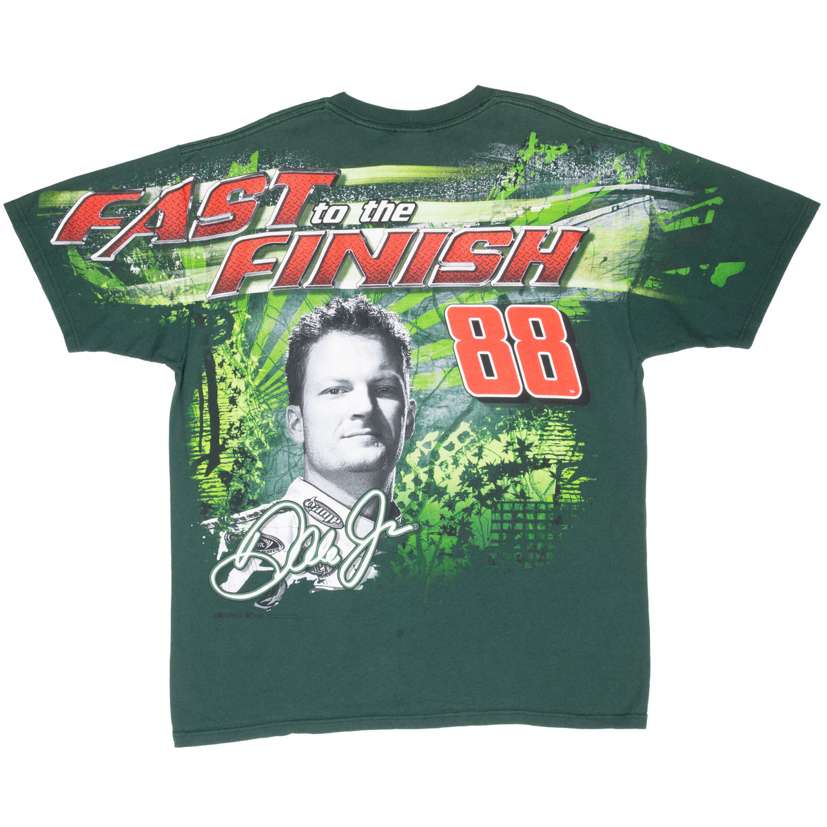 Back of green Dale Earnhardt Jr. tee with portrait, No. 88, and Fast to the Finish graphic