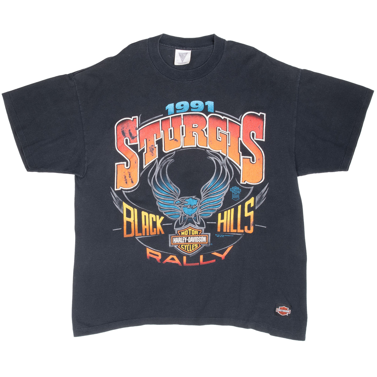Full front of black Harley-Davidson 1991 Sturgis Black Hills Rally T-shirt with eagle graphic