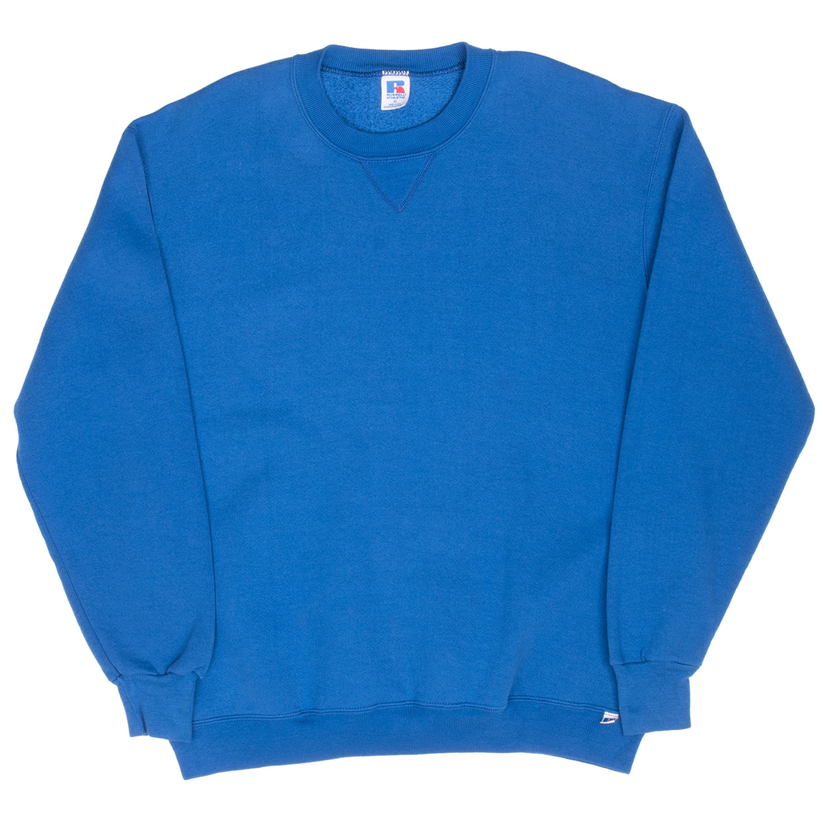 Full front of blue Russell Athletic blank crewneck sweatshirt