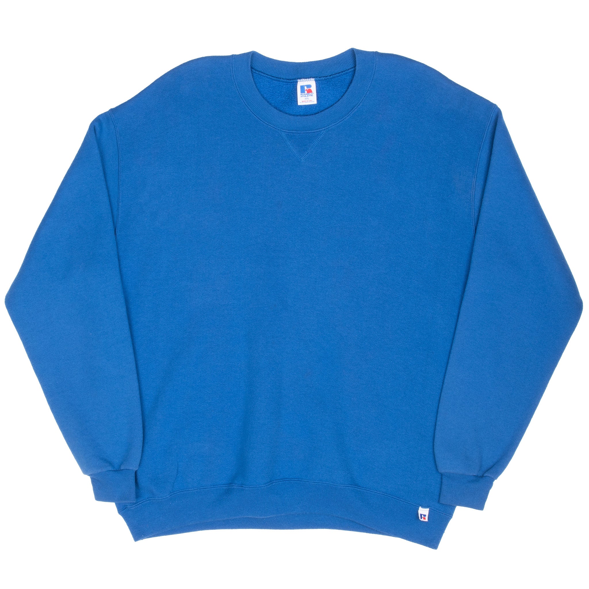 Full front view of blue Russell Athletic blank crewneck sweatshirt