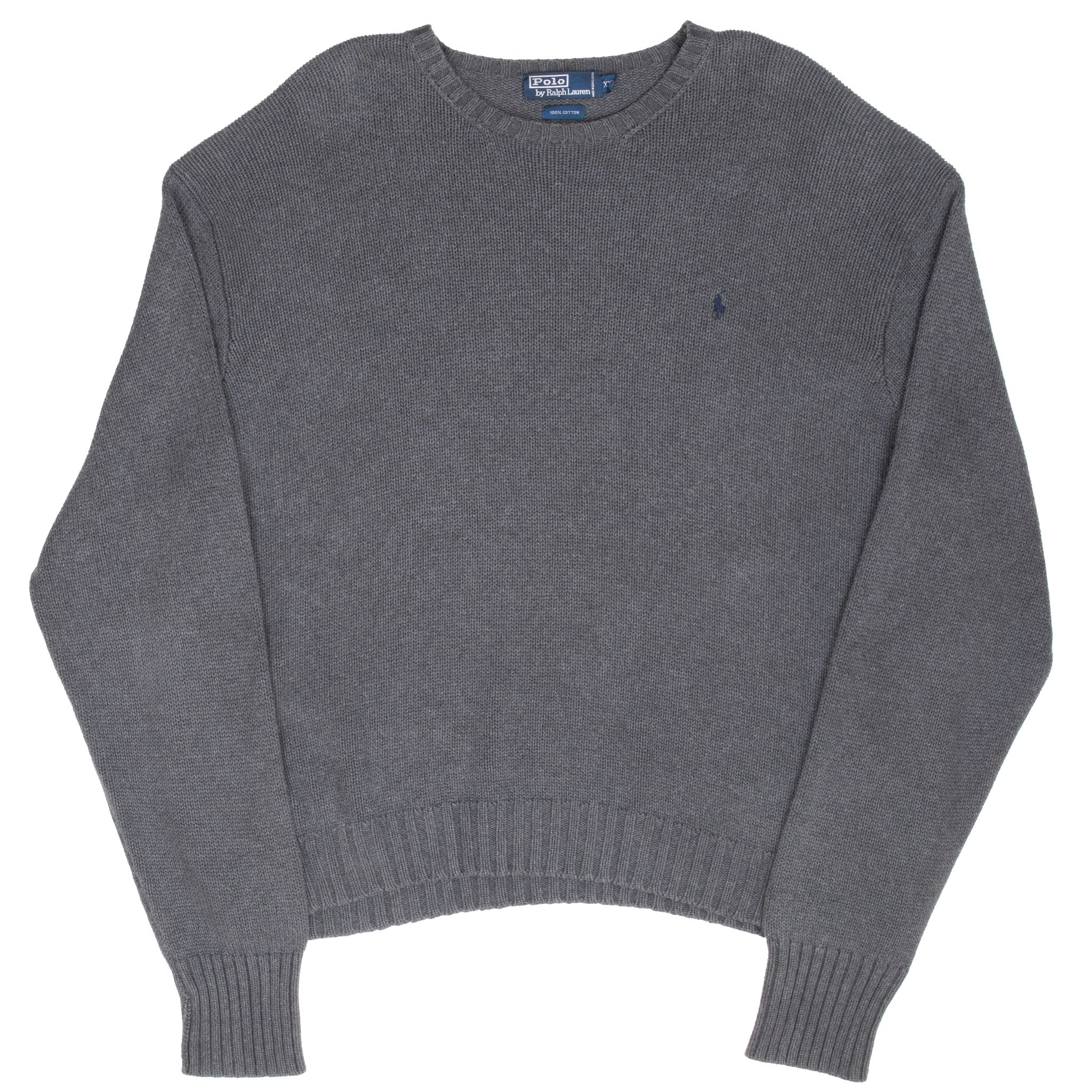 Full front view of grey Polo Ralph Lauren knit crewneck sweater