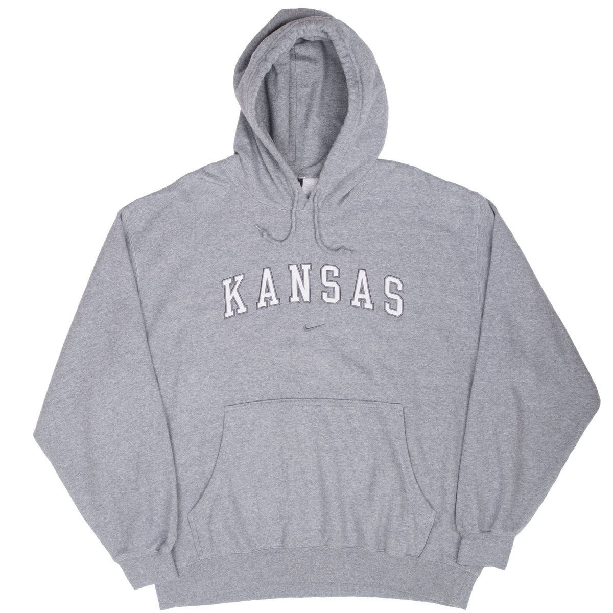 Front view of grey Nike Kansas pullover hoodie with kangaroo pocket