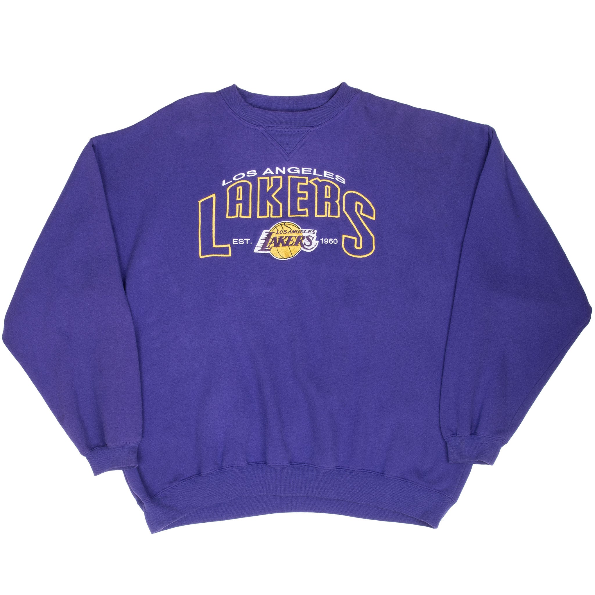 Full front view of purple Los Angeles Lakers embroidered crewneck sweatshirt