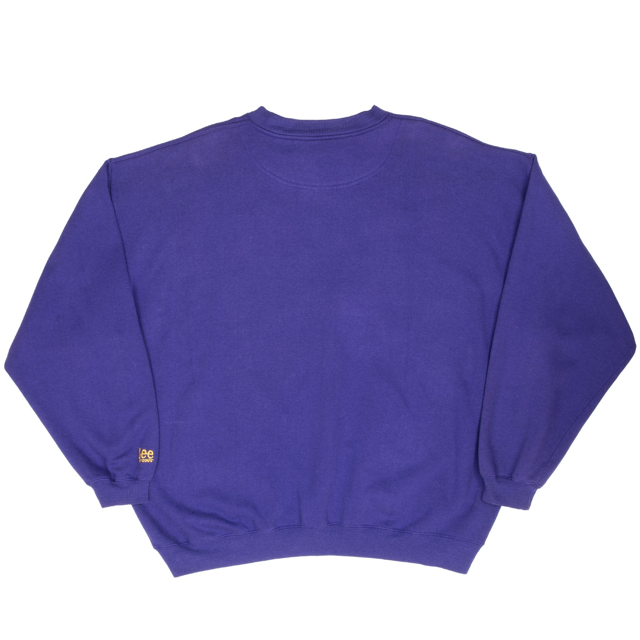 Back of purple Los Angeles Lakers crewneck sweatshirt with small sleeve embroidery