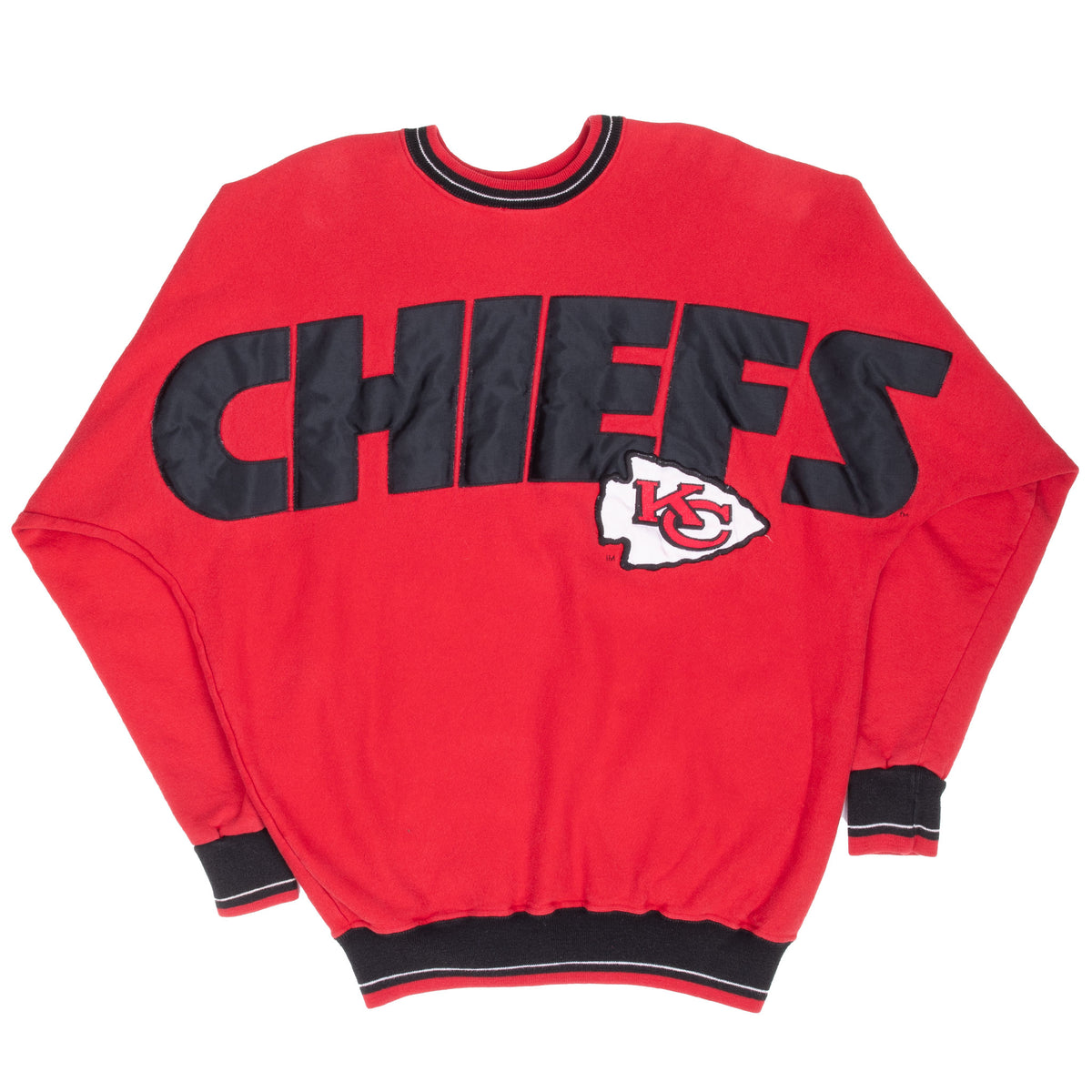 Front of red Kansas City Chiefs sweatshirt with black lettering and arrowhead logo